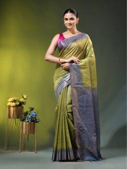 CHARUKRITI - Grey and Olive Green Zari Woven Checked Silk Saree