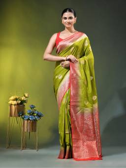 CHARUKRITI - Olive Green Zari Woven Crepe Khaddi Silk Saree