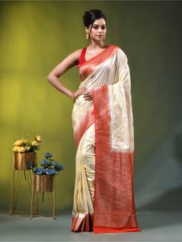 CHARUKRITI - Off White Zari Woven Crepe Khaddi Silk Saree