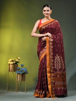 CHARUKRITI - Maroon Cotton Ethnic Motifs Saree