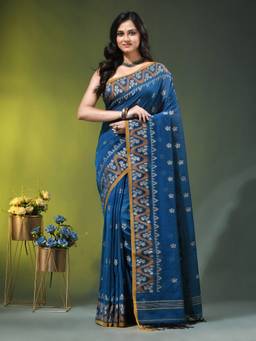CHARUKRITI - Sapphire Blue Cotton Ethnic Motifs Saree