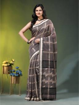CHARUKRITI - Grey Cotton Checkbox Saree