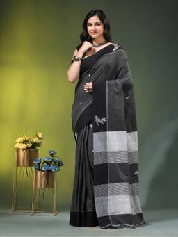 CHARUKRITI - Black Cotton Bird Motifs Saree