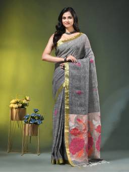 CHARUKRITI - Grey Linen Red Floral Woven Saree