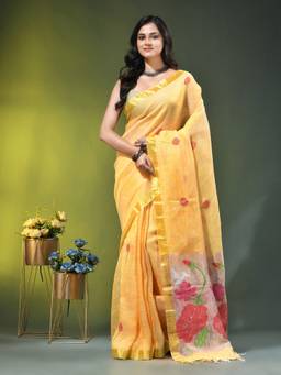 CHARUKRITI - Yellow Linen Red Floral Woven Saree