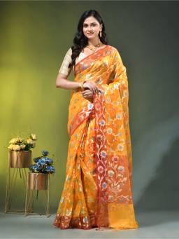 CHARUKRITI - Yellow Floral Zari Woven Organza Saree