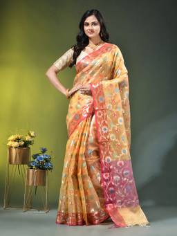 CHARUKRITI - Light Yellow Floral Zari Woven Organza Saree