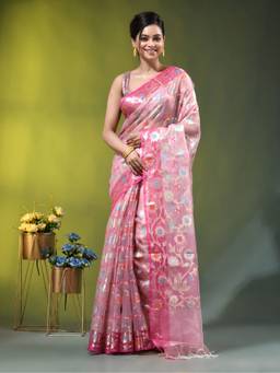 CHARUKRITI - Baby Pink Floral Zari Woven Organza Saree