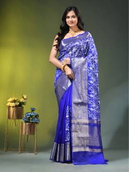 CHARUKRITI - Blue Organza Floral Embroidery and Rich Golden Zari Border Saree