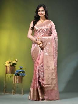 CHARUKRITI - Peach Organza Floral Embroidery and Rich Golden Zari Border Saree