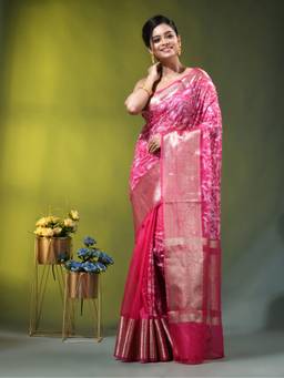 CHARUKRITI - Pink Organza Floral Embroidery and Rich Golden Zari Border Saree