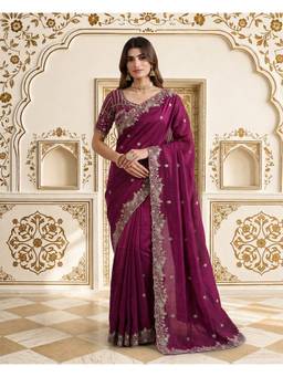 Lush Glam - Magenta Satin Embroidered Sequence Work Saree