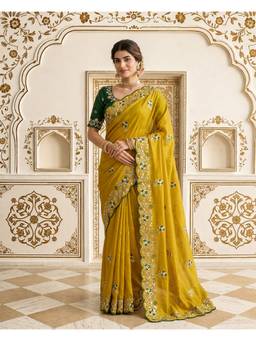 Lush Glam - Yellow Silk Embroidered Thread Work Saree