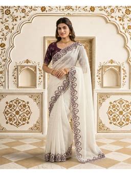 Lush Glam - White Satin Embroidered Thread Work Saree