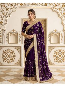 Lush Glam - Purple Satin Embroidered with Lace Work Saree