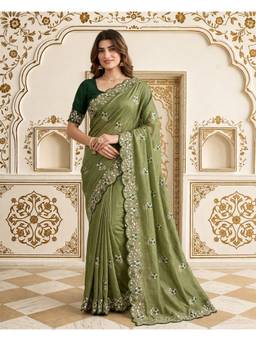 Lush Glam - Olive Poly Silk Embroidered Thread Work Saree