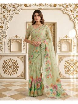 Lush Glam - Olive Linen Blend Embroidered Saree
