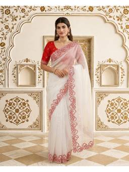 Lush Glam - White Poly Silk Embroidered Thread Work Saree