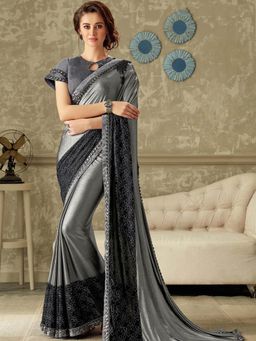 Odette - Grey Lycra Designer Saree with Unstitched Blouse