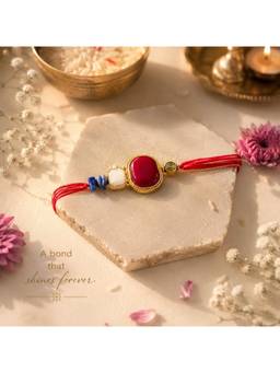 REENISAA - Emerald Harmony Handmade Rakhi with Kundan Accent and Ruby Beads Red