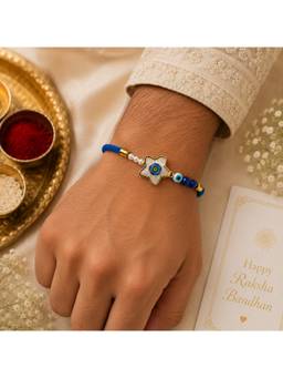 REENISAA - Blue Evil Eye Star Rakhi with Pearl Accents and Adjustable Thread