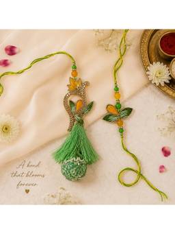 REENISAA - Peacock Feather Embroidered Rakhi and Paisley Tassel Lumba
