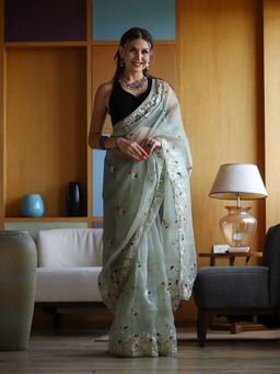 Odette - Pista Organza Embroidery Saree with Unstitched Blouse