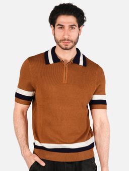 BOTABOCHI - Rust Mens Color Block Knit Half Sleeve Polo T-Shirt