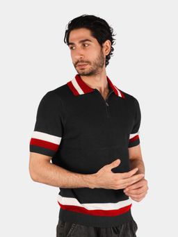 BOTABOCHI - Black Mens Color Block Knit Half Sleeve Polo T-Shirt