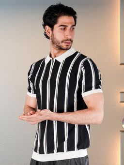 BOTABOCHI - Black Mens Half Sleeve Fine Knit Line Polo T-Shirt