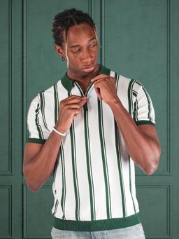 BOTABOCHI - White Fine Knit Half Sleeve Line Polo T-Shirt for Men's