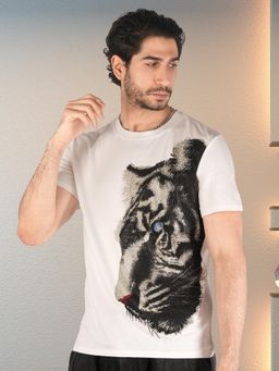 BOTABOCHI - White Mens Tiger Silver Diamond Print Half Sleeve T-Shirt