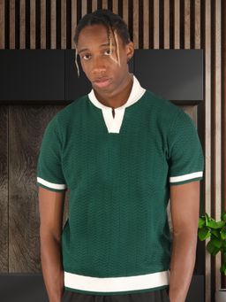 BOTABOCHI - Green Contrast Collar Mens Knit Half Sleeve Polo T-Shirt
