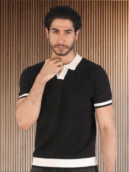 BOTABOCHI - Black Contrast Collar Half Sleeve Knit Polo T-Shirt for Men