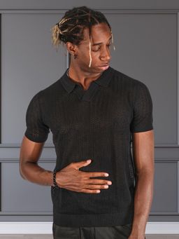 BOTABOCHI - Black Mens Bb Original Half Sleeve Crochet Polo T-Shirt