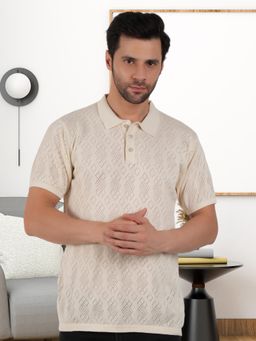 BOTABOCHI - Off White Mens Half Sleeve Diamond Crochet Pattern Polo T-Shirt