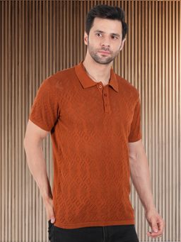 BOTABOCHI - Rust Mens Crochet Polo T-Shirt with Half Sleeves and Diamond Pattern