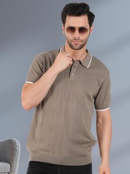 BOTABOCHI - Grey Mens Self Design Half Sleeve Polo T-Shirt
