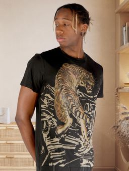 BOTABOCHI - Black Mens Tiger Black Diamond Print Half Sleeve T-Shirt