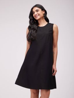 Pink Fort - Black Cotton Solid A-Line Dress