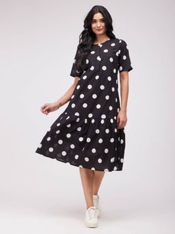 Pink Fort - Black Cotton Polka Gathered Dress