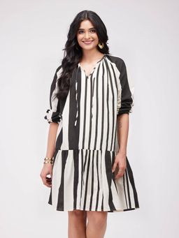 Pink Fort - Black & White Cotton Striped Gathered Dress