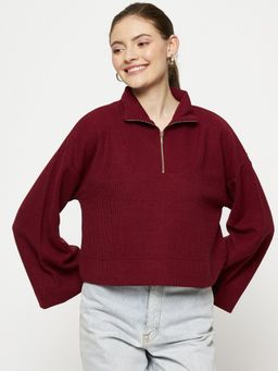 CAMLA - Women Maroon Solid Half Zipper Top