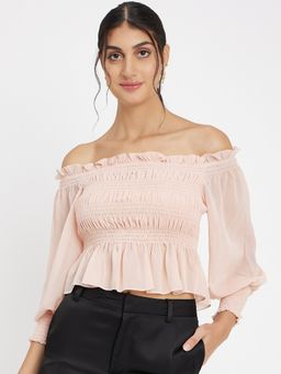 CAMLA - Women Peach Smocked Off Shoulder Crop Top