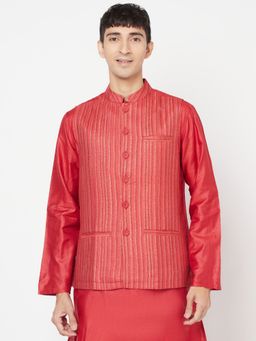 Fabindia - Viscose Rayon Red Striped Men Nehru Jacket