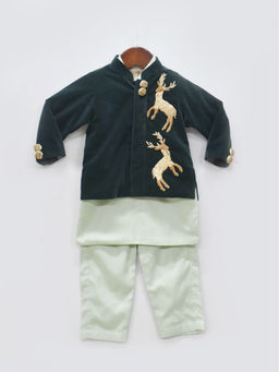 Fayon Kids - Emerald Green Velvet Jacket with Pista Green Kurta Pants (Set of 3)