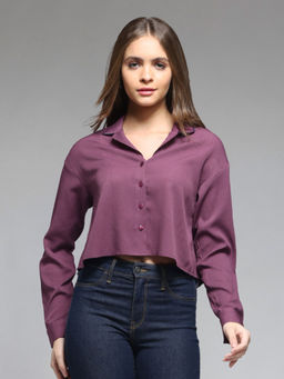 SHAYE - Collar Neck Purple Solid Long Sleeves Casual Shirt for Women