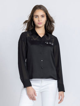 SHAYE - Mandarin Neck Black Embroidered Long Sleeves Party Shirt for Women
