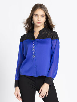 SHAYE - Mandarin Neck Blue Embroidered Long Sleeves Party Shirt for Women