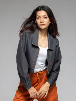 SHAYE - Shirt Collar Grey Solid Long Sleeves Casual Shirt for Women